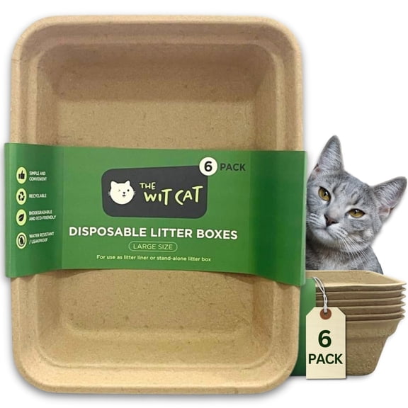 The Wit Cat Disposable Litter Boxes, Large Size, 6-Pack (Aprox. 3 Month Supply/Cat), Leakproof, Sturdy and Eco-Friendly