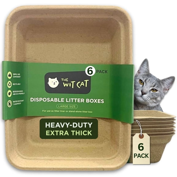 The Wit Cat Disposable Litter Boxes, Large Size, 6-Pack (Aprox. 3 Month Supply/Cat), Leakproof, Sturdy and Eco-Friendly