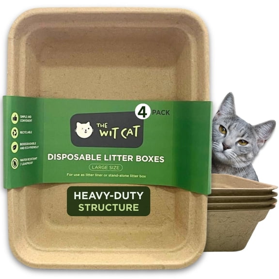 The Wit Cat Disposable Litter Boxes, Large Size, 4-Pack, Leakproof, Sturdy and Eco-Friendly