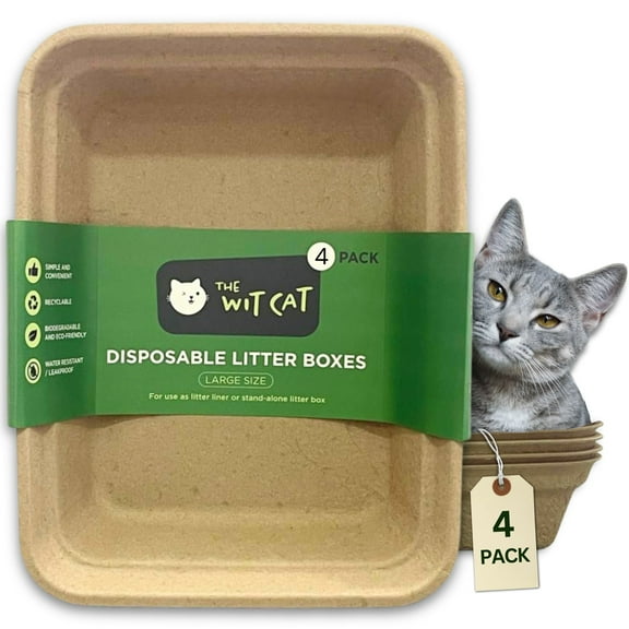 The Wit Cat Disposable Litter Boxes, Large Size, 4-Pack, Leakproof, Sturdy and Eco-Friendly