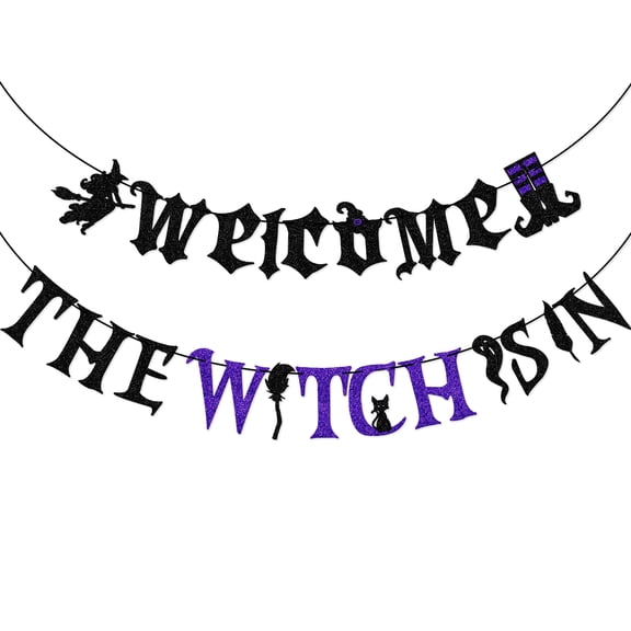 The Witch is in Banner, NO-DIY Halloween Witch Party Decor, Halloween Banner for Witch, Halloween Party Decorations, Black Purple Glitter