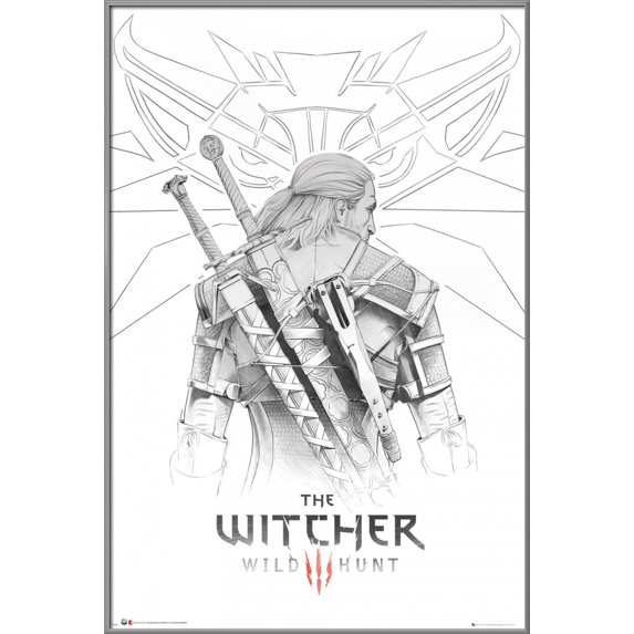 The Witcher: Wild Hunt - Framed Gaming Poster (Geralt - Sketch) (Size: 24" X 36") (Silver Aluminum Frame)