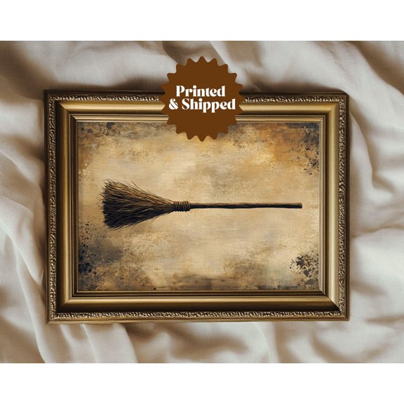 The Witches' Broom Rustic Vintage Drawing Halloween Wall Art Simple Primitive Dark Cottagecore Fall Decor