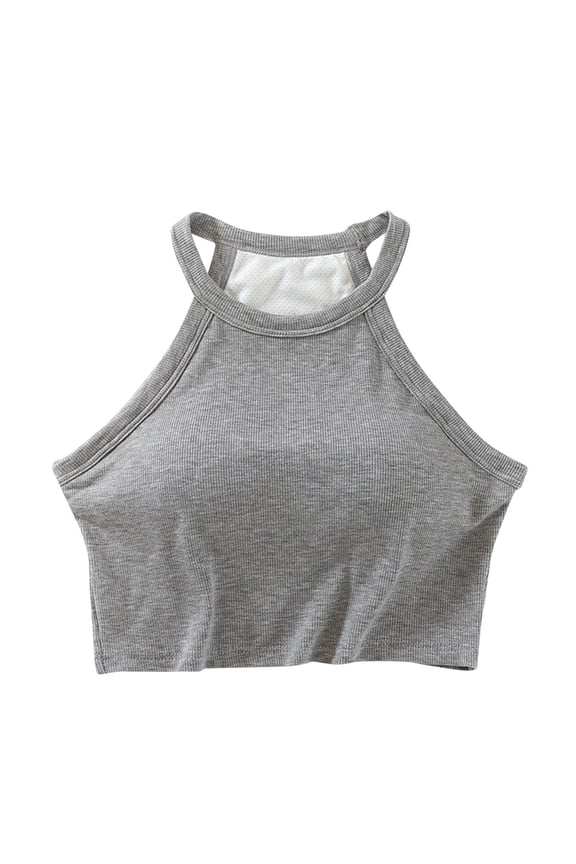The With Chest Pad Hanging Neck Sling Navel Vest Female Bra With Short Bottoming Coat.,Color:Grey