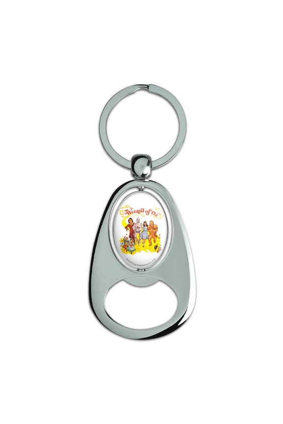 The Wizard of Oz Yellow Brick Road Keychain Chrome Metal Spinning Oval Bottle Opener