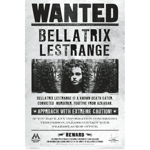 The Wizarding World: Harry Potter - Bellatrix Wanted Poster Wall Poster, 22.375" x 34"