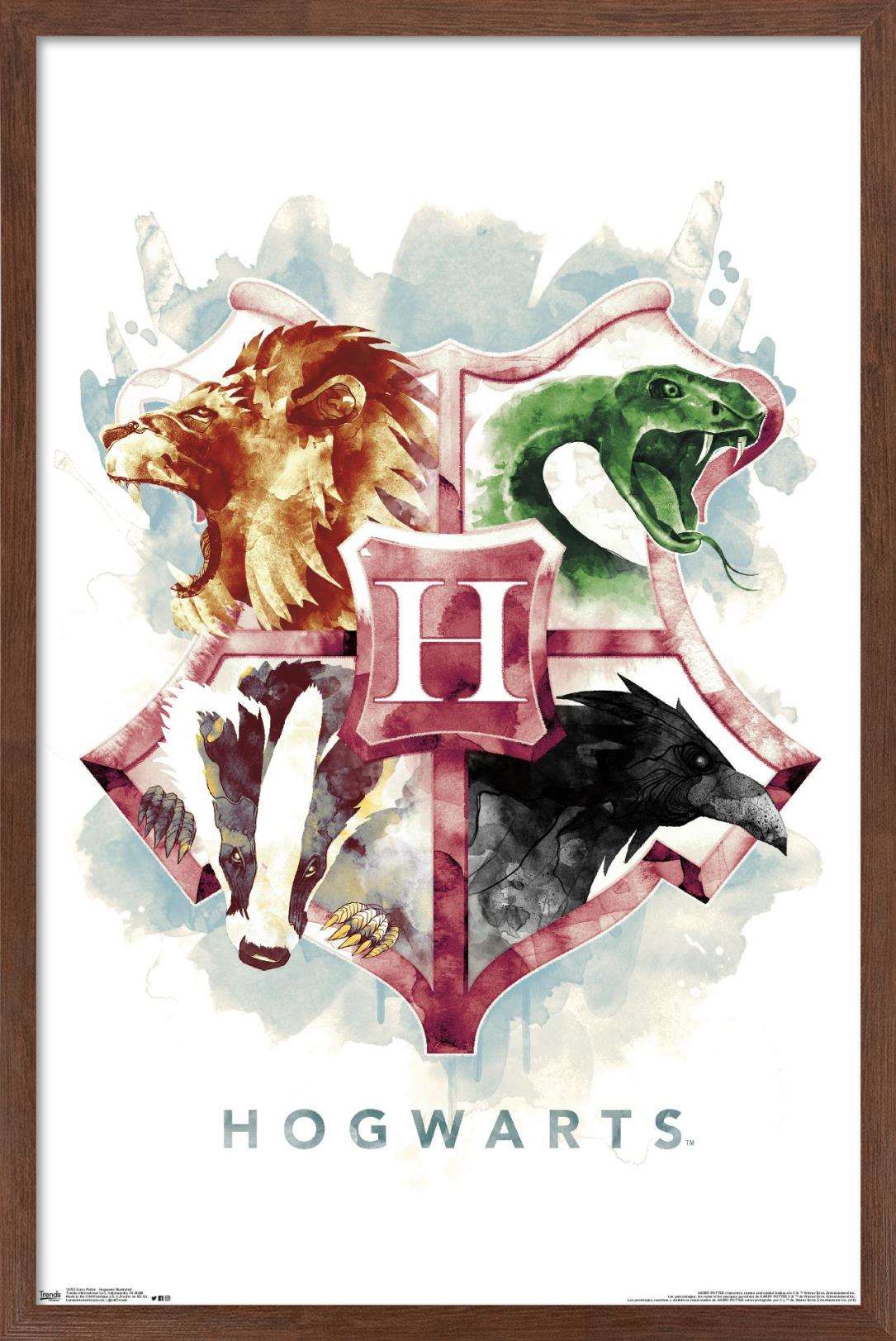 The Wizarding World: Harry Potter - Hogwarts Illustrated House Crests Wall Poster, 14.725" x 22.375", Framed