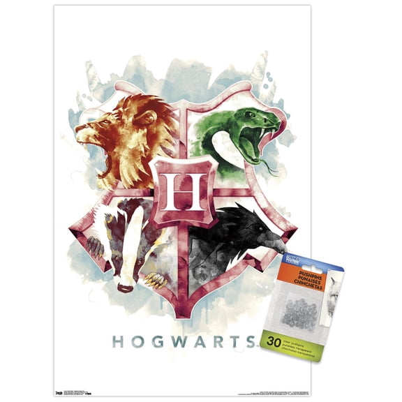 The Wizarding World: Harry Potter - Hogwarts Illustrated House Crests Wall Poster with Push Pins, 14.725" x 22.375"
