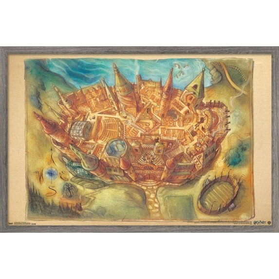 The Wizarding World: Harry Potter - Hogwarts Map Wall Poster, 14.725" x 22.375", Framed