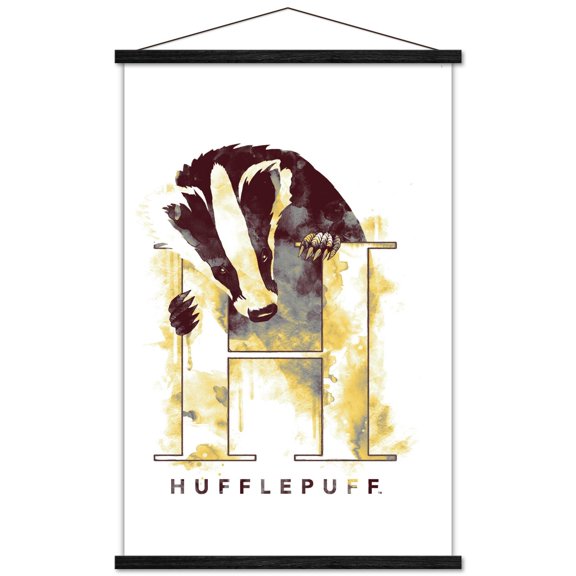 The Wizarding World: Harry Potter - Hufflepuff Illustrated House Logo Wall Poster with Wooden Magnetic Frame, 22.375" x 34"