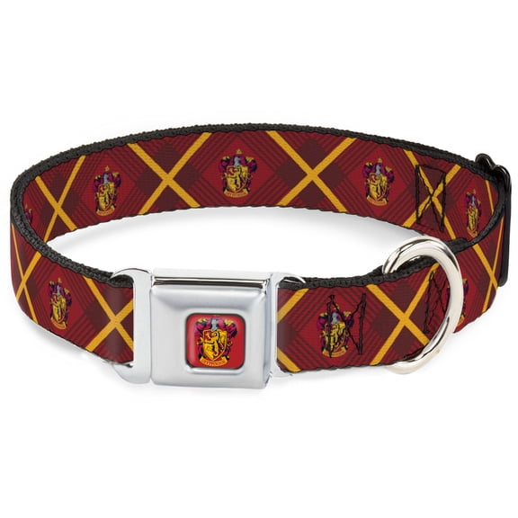 The Wizarding World of Harry Potter Pet Collar, Dog Collar Metal Seatbelt Buckle, Harry Potter Gryffindor Crest Plaid Reds Gold, 16 to 23 Inches 1.5 Inch Wide