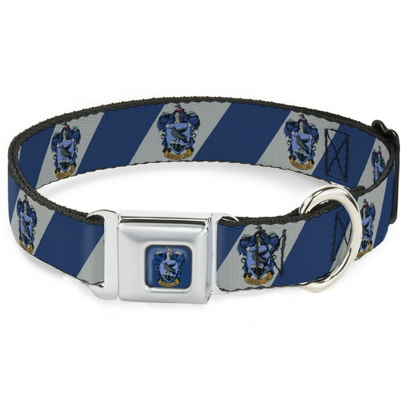 The Wizarding World of Harry Potter Pet Collar, Dog Collar Metal Seatbelt Buckle, Ravenclaw Crest Diagonal Stripe Gray Blue, 9.5 to 13 Inches 1.0 Inch Wide