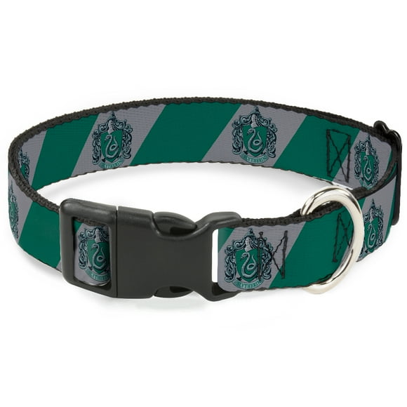 The Wizarding World of Harry Potter Pet Collar, Dog Collar Plastic Buckle, Slytherin Crest Diagonal Stripe Gray Green, 9.5 to 14.5 Inches 0.5 Inch Wide