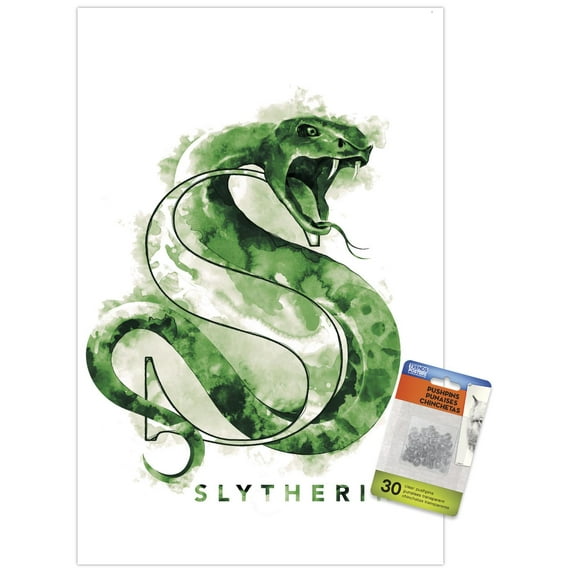 The Wizarding World: Harry Potter - Slytherin Illustrated House Logo Wall Poster with Push Pins, 14.725" x 22.375"