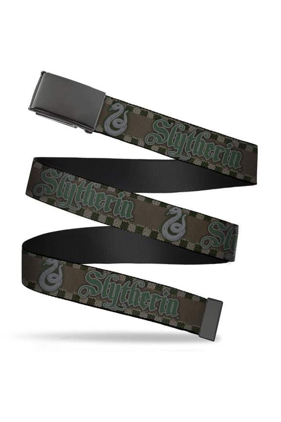Adjustable Belt, Clamp Buckle, Cut-to-Fit, Harry Potter Slytherin Snake Checker Stripe Grays Greens