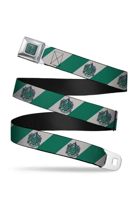 The Wizarding World of Harry Potter Belt, Seatbelt Buckle Belt, Slytherin Crest Diagonal Stripe Gray Green, Youth 20 to 36 Inches
