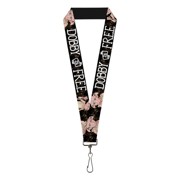 The Wizarding World of Harry Potter Lanyard, Dobby Is Free 3 Dobby Poses Star Swirls Black Gold White, Elastic