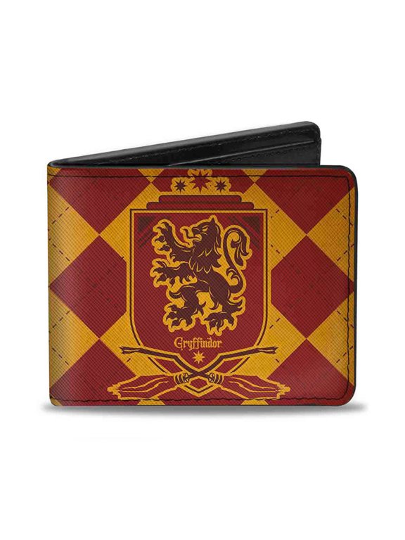 The Wizarding World of Harry Potter Wallet, Bifold, Harry Potter Gryffindor Shield Brooms Argyle Gold Burgundy, Vegan Leather