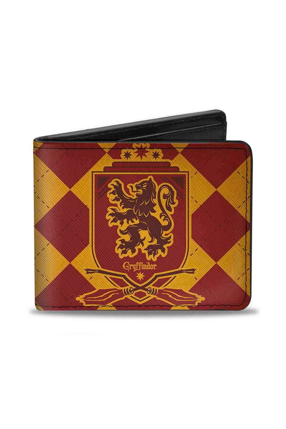 The Wizarding World of Harry Potter Wallet, Bifold, Harry Potter Gryffindor Shield Brooms Argyle Gold Burgundy, Vegan Leather
