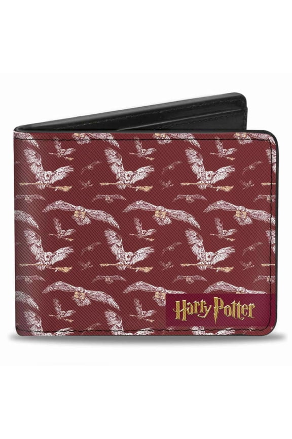 The Wizarding World of Harry Potter Wallet, Bifold, Harry Potter Hedwig Flying Poses Burgundy White Golds, Vegan Leather