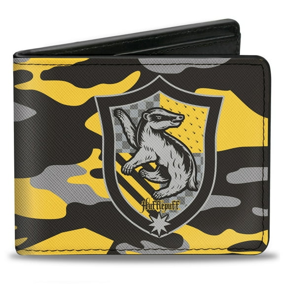 The Wizarding World of Harry Potter Wallet, Bifold, Harry Potter Hufflepuff Crest Camo Yellow Grays Black, Vegan Leather