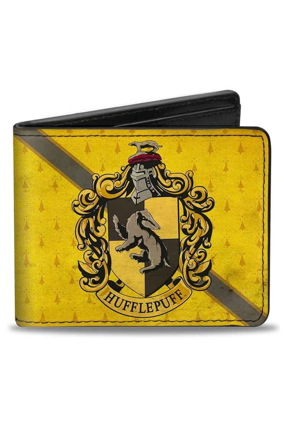 The Wizarding World of Harry Potter Wallet, Bifold, Hufflepuff Crest Stripe4 Weathered Gold Brown, Vegan Leather