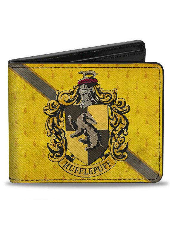 The Wizarding World of Harry Potter Wallet, Bifold, Hufflepuff Crest Stripe4 Weathered Gold Brown, Vegan Leather