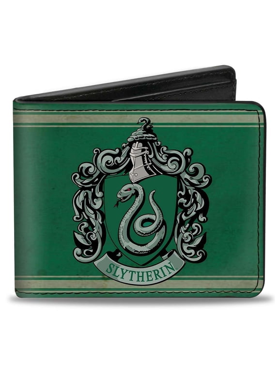 The Wizarding World of Harry Potter Wallet, Bifold, Slytherin Crest Stripe6 Weathered Greens Grays, Vegan Leather