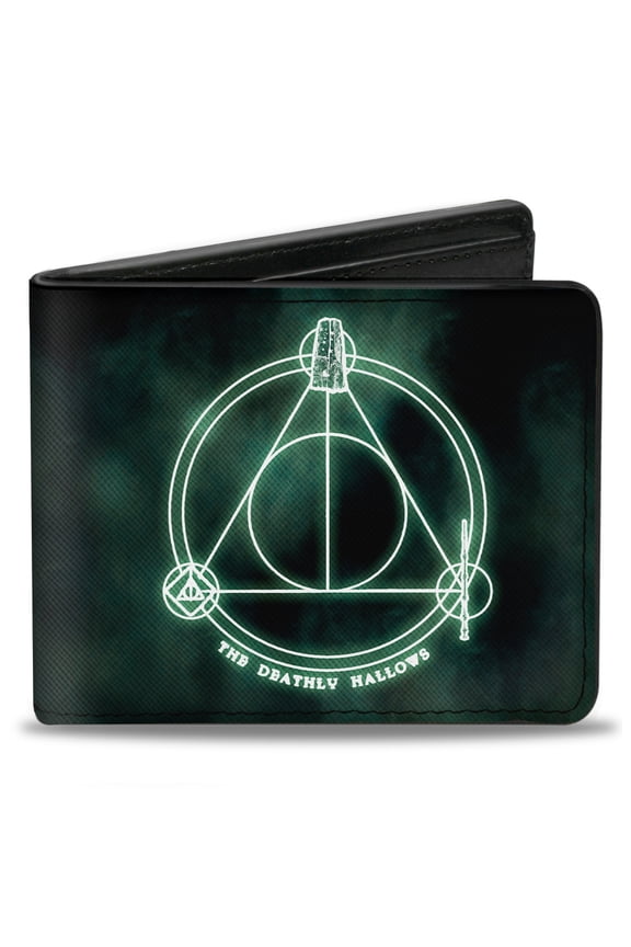 The Wizarding World of Harry Potter Wallet, Bifold, The Deathly Hallows Cloak Stone Wand Trinity Black Greens, Vegan Leather