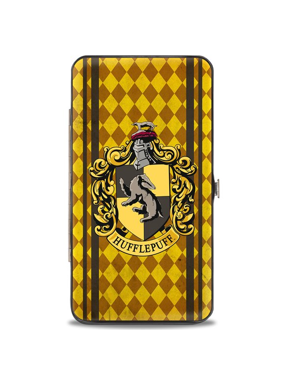 The Wizarding World of Harry Potter Wallet, Hinged, Hufflepuff Crest Stripes Diamonds Gold Browns, Vegan Leather
