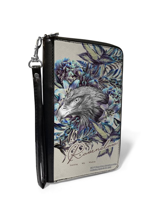 The Wizarding World of Harry Potter Wallet, Zip Around, Harry Potter Ravenclaw Floral Eagle Sketch Grays Blues, Vegan Leather