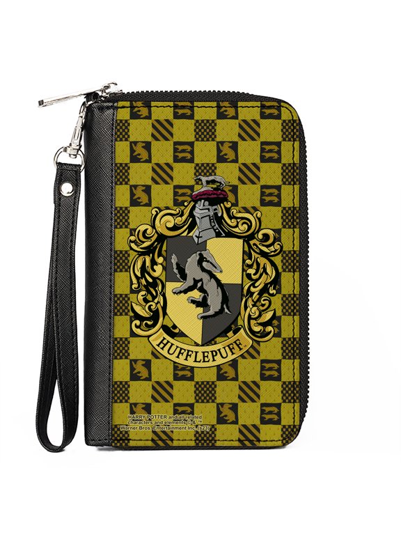 The Wizarding World of Harry Potter Wallet, Zip Around, Hufflepuff Crest Heraldry Checkers Golds Black, Vegan Leather