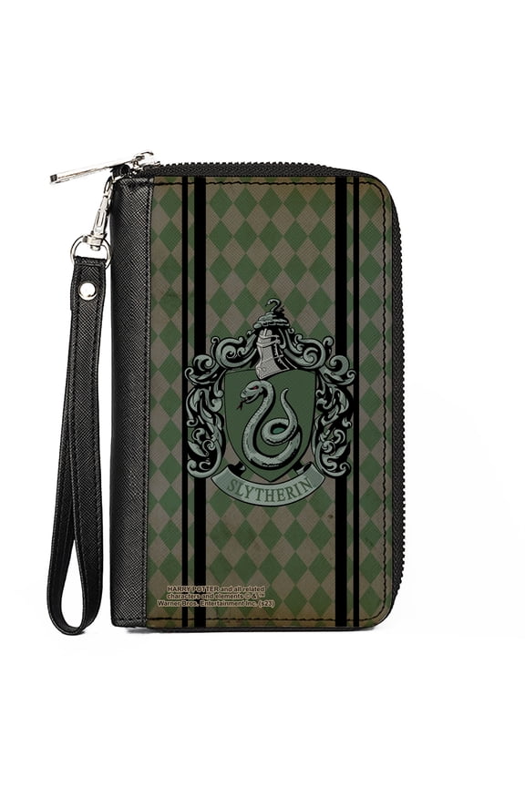 The Wizarding World of Harry Potter Wallet, Zip Around, Slytherin Crest Stripes Diamonds Greens Black, Vegan Leather