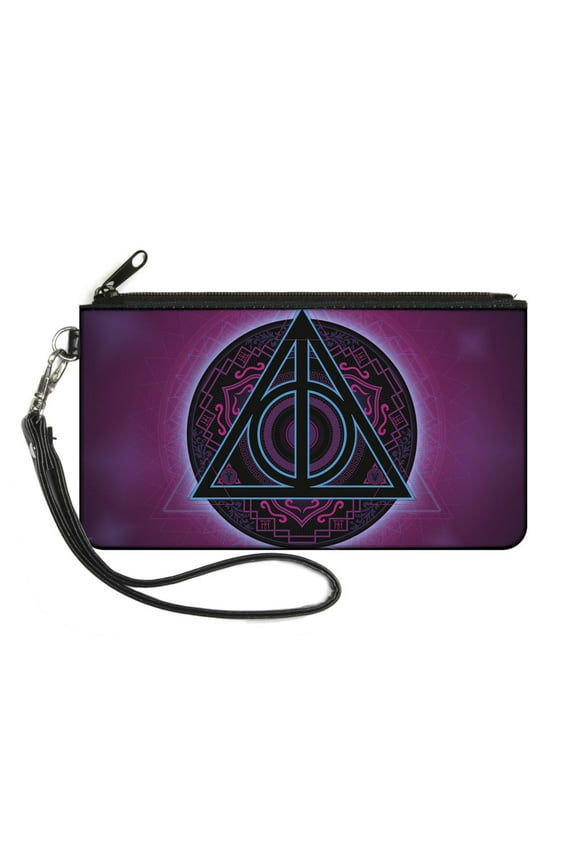 The Wizarding World of Harry Potter Wallet, Zip Pouch, Harry Potter Deathly Hallows Symbol Black Neon Pink Blue, Canvas