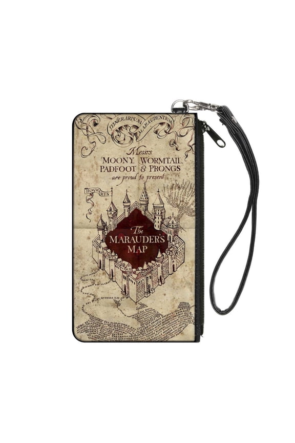 The Wizarding World of Harry Potter Wallet, Zip Pouch, Hogwarts School The Marauders Map Tan Reds, Canvas