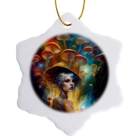 3drose, the Woman in a Magical Mushroom Forest Ai Generated Art, 3 inch Snowflake Porcelain Ornament