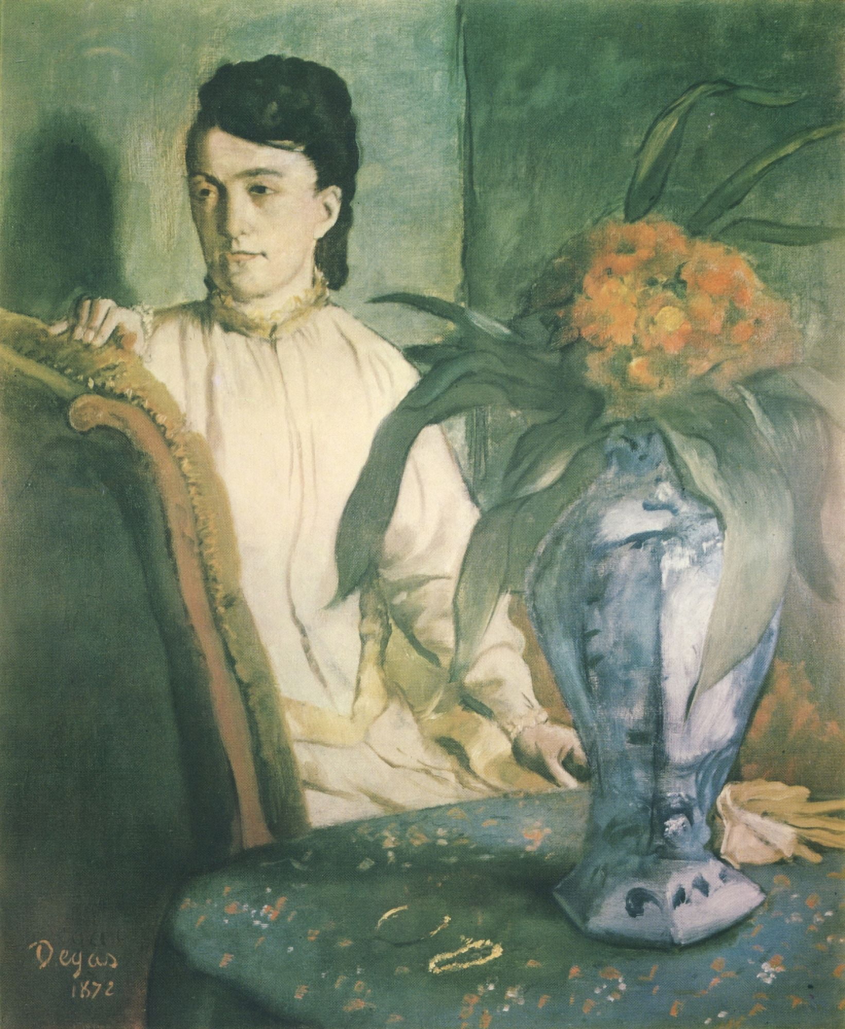 The Woman with the Vase of Flowers 1872 Canvas Art - Edgar Degas (24 x 36)
