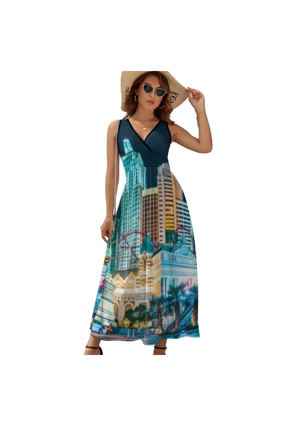 The Wonders of Las Vegas Womens Night Club Maxi Dress V Neck Sleeveless Bohemia Long Dresses