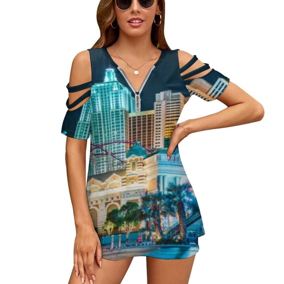 The Wonders of Las Vegas Womens Summer V Neck Zipper Top Short Sleeve T Shirt Off Shoulder Top Casual Classy Loose Shirts
