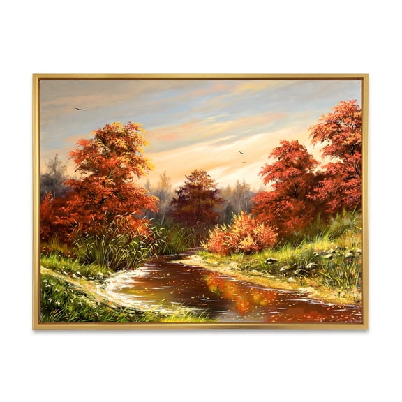 The Wood River On A Decline In An Orange Autum Summer 20 in x 12 in Framed Painting Canvas Art Print, by Designart