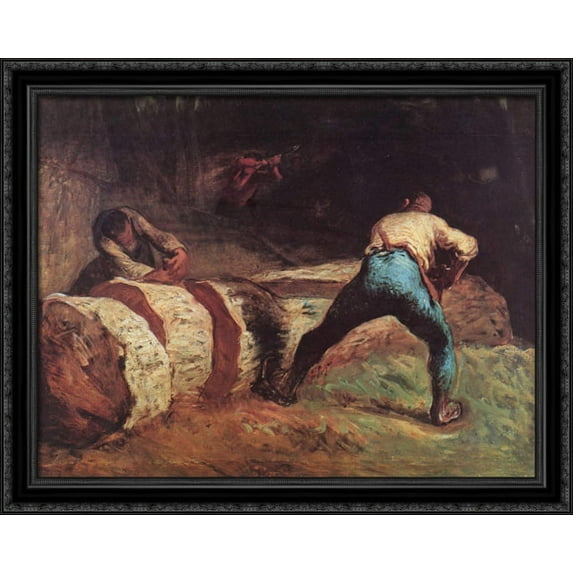 The Wood Sawyers 34x28 Large Black Ornate Wood Framed Canvas Art by Jean-Francois Millet