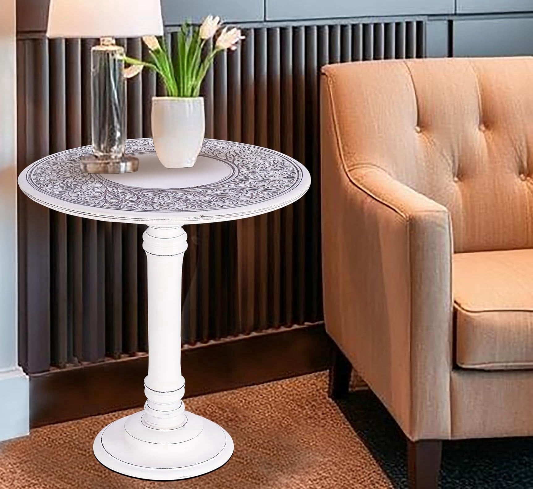 The Wooden Town Wood Round Side Table 18x22 Inch, Antique White Accent End Table for Living Room