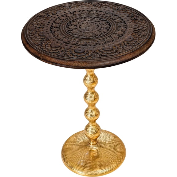 The Wooden Town Hand-Carved Boho Folding Side Table, Burnt Brown End Table with Gold Aluminum Alloy Base, 18"x22", No Tools Assembly