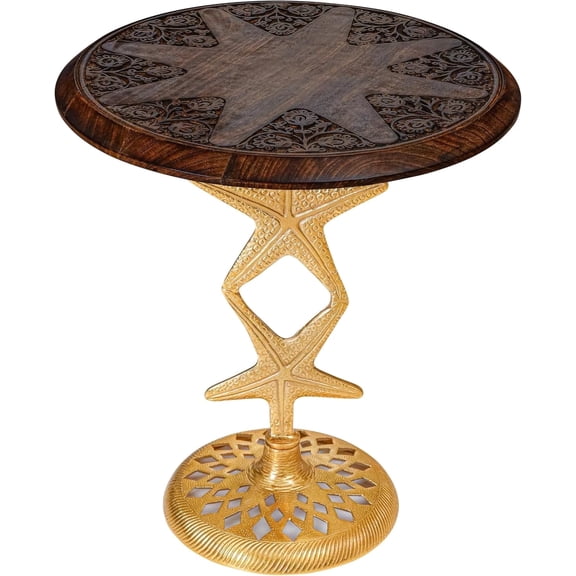 The Wooden Town Hand-Carved Boho Folding Side Table, Burnt Brown End Table with Gold Aluminum Alloy Star Base, 18"x22", No Tools Assembly