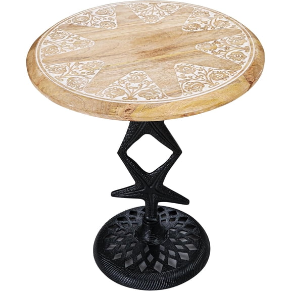 The Wooden Town Hand-Carved Boho Folding Side Table, White Wash End Table with Black Aluminum Alloy Star Base, 18"x22", No Tools Assembly