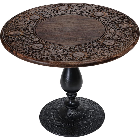 The Wooden Town Hand-Carved Solid Wood Coffee Table, 24"x24"x18" Burnt Finish Center Table with Black Aluminum Alloy Pillar Base for Living Room