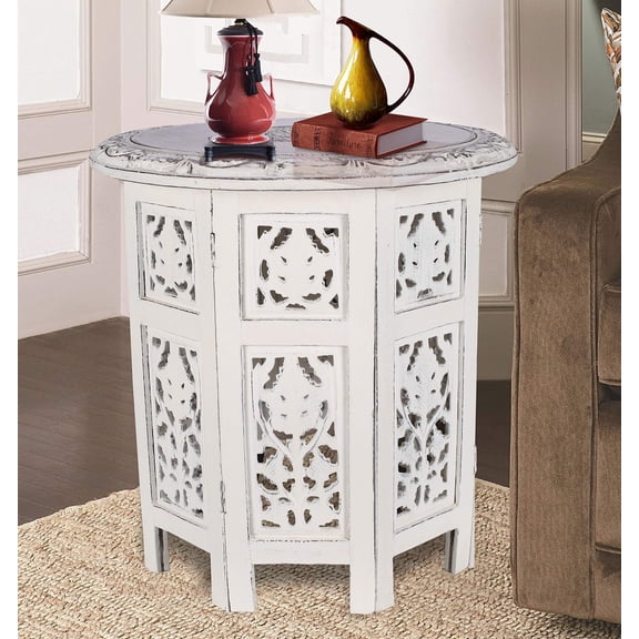 Handcrafted Solid Wood End Table, 18 x 18 Accent Side Table for Living Room or Bedroom, White Antique Finish