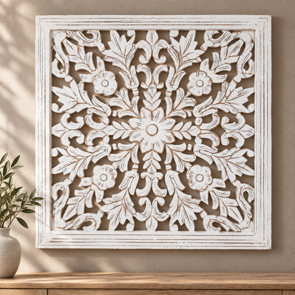 The Wooden Town Wooden Wall Hanging Plaque, Decorative Wall Art Panel, White, 24 x 24 Inch