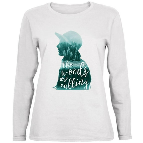 The Woods are Calling Pine Forest Girl Ladies' Relaxed Jersey Long-Sleeve Tee White MD