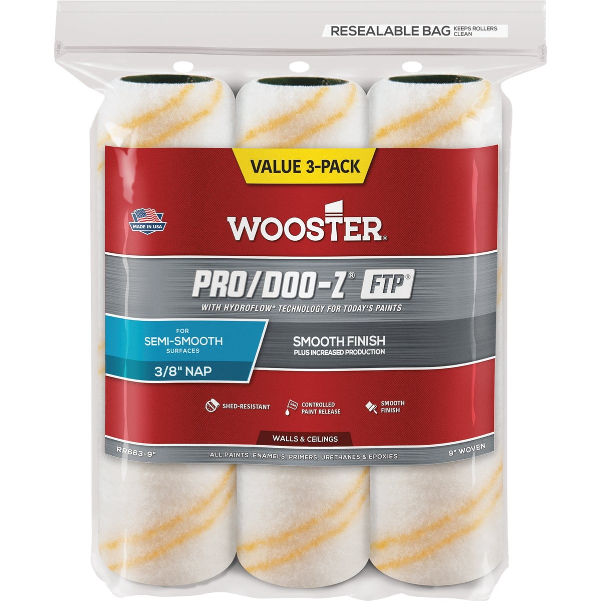 The Wooster Brush Company RR663-9 Pro Doo Z FTP Roller Cover 3/8-Inch Nap, 3-Pack Pack of 3 — Interior & Exterior Use, Professional Finish
